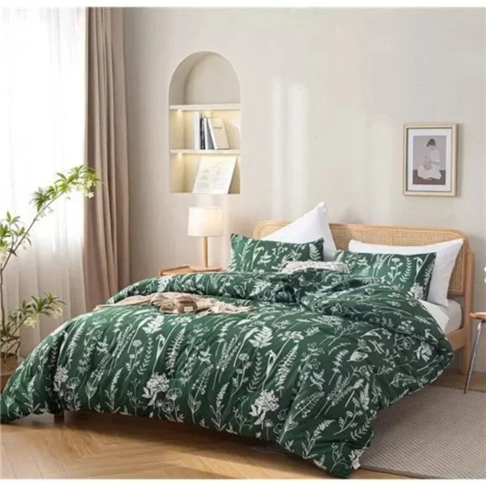 Comforter Set Emerald Comforter Set 3 PCS Bedding Floral Plant Flowers King/Quee